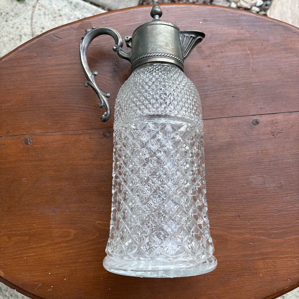 Crystal Carafe Pitcher Silver Plated Lid Pour Spout
