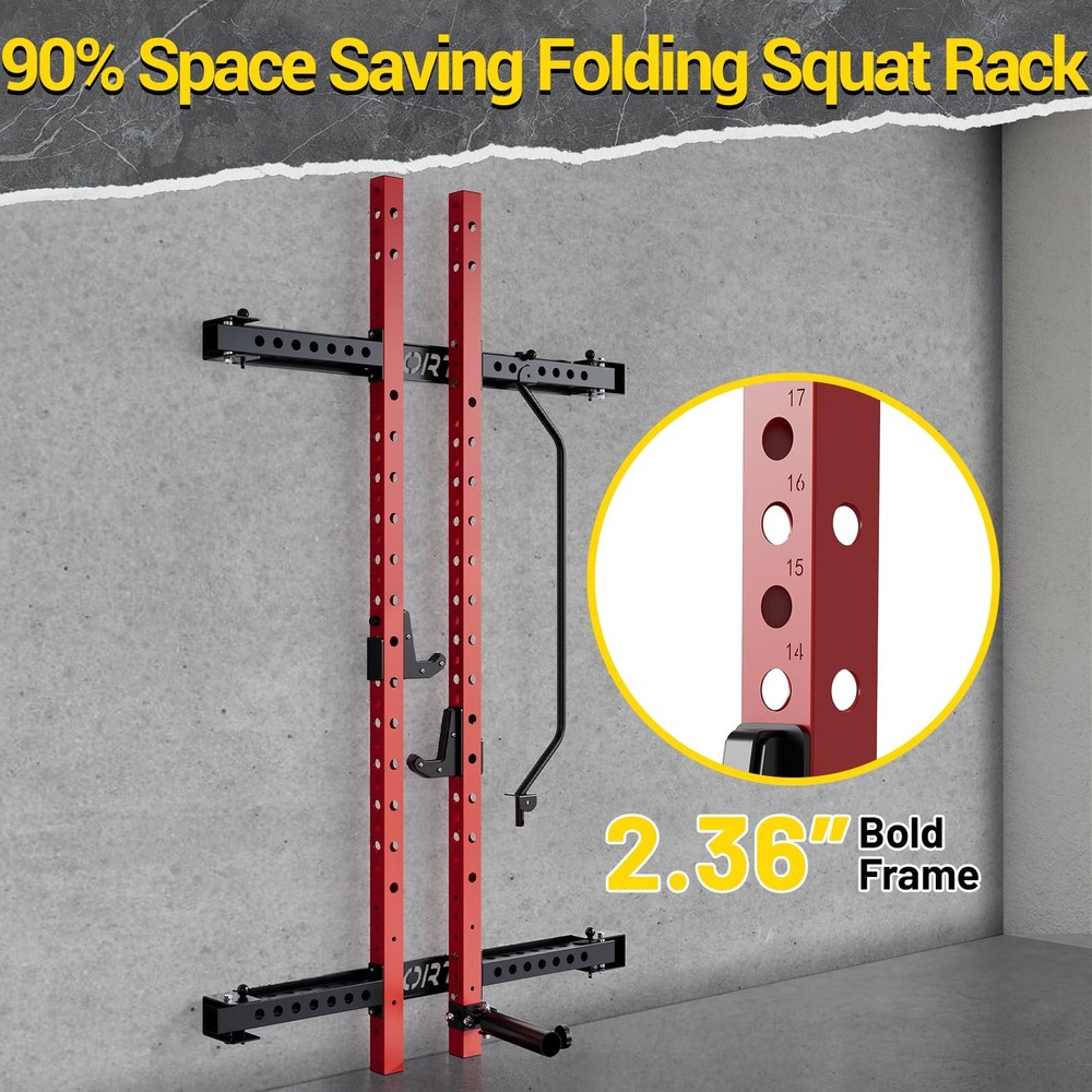 Foldable Squat Rack 1000 LBS Capacity Space-Saving with Pull-Up Bar Wall Mounted