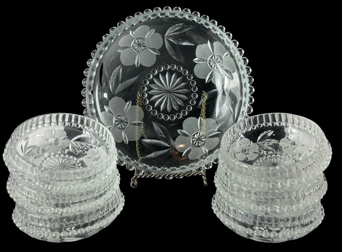 DECOR Italian Floral Beaded Art Glass Serving Bowl Set & Six Bowls Insalta Oslo