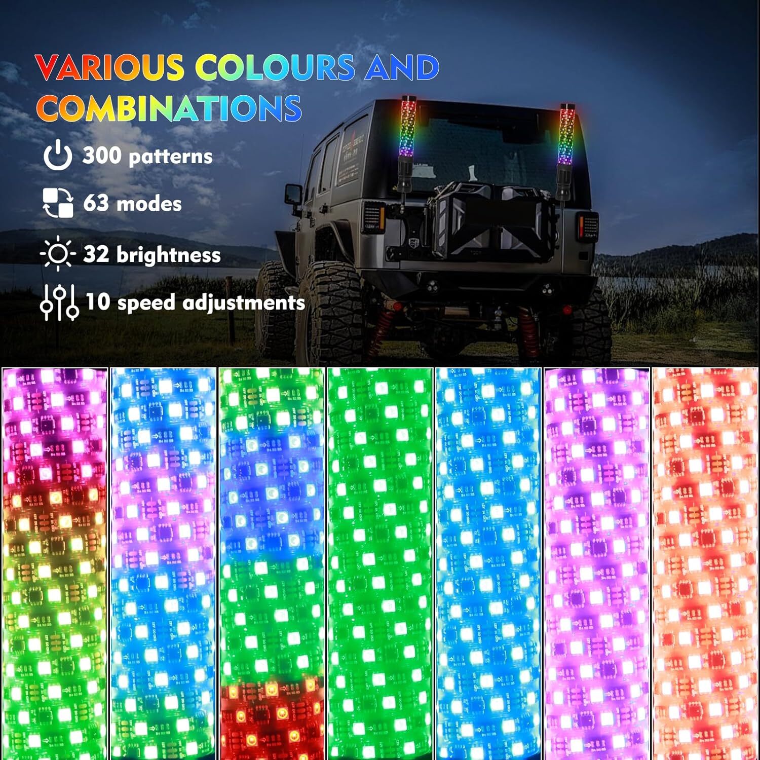 2PCS 2FT Spiral LED Fat Whip Light Antenna RGB Chasing For Can-am X3 RZR UTV ATV