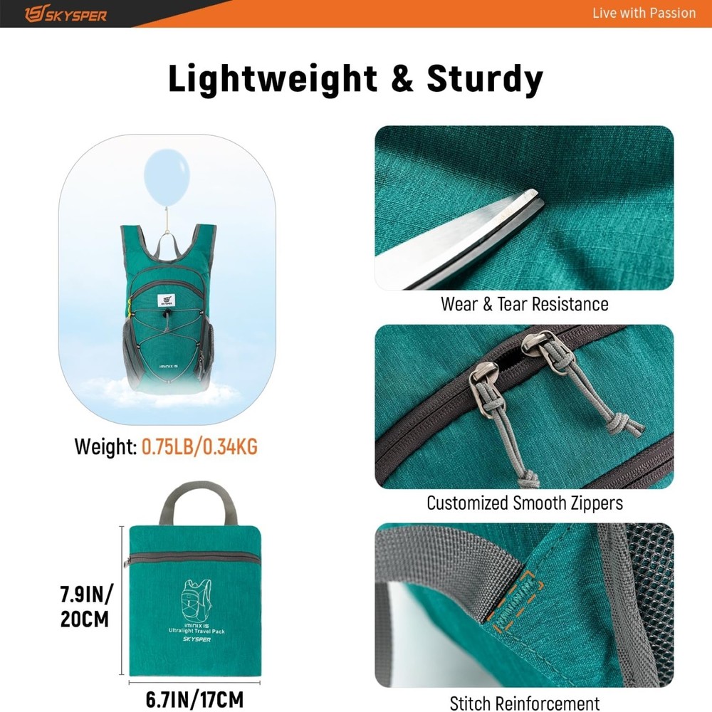 SKYSPER 15L Foldable Hiking Backpack Lightweight Packable Daypack w/ Strap, Cyan