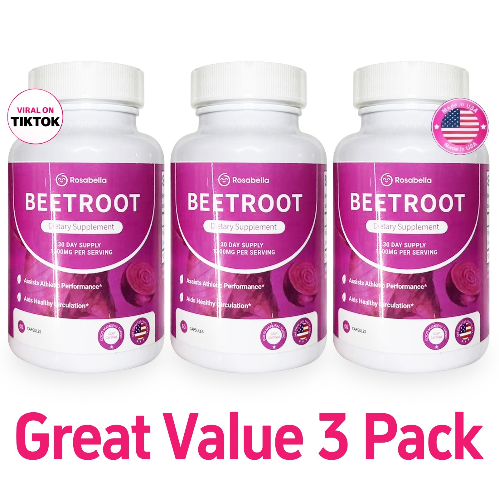 3PCS Rosabella Organic Beet Root 60 Capsules Natural Energy Boost Blood Pressure