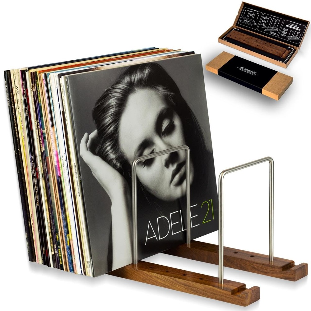 Optage Audio Durable Vinyl Record Storage Holder for 75 LPs, Solid Walnut Rec...
