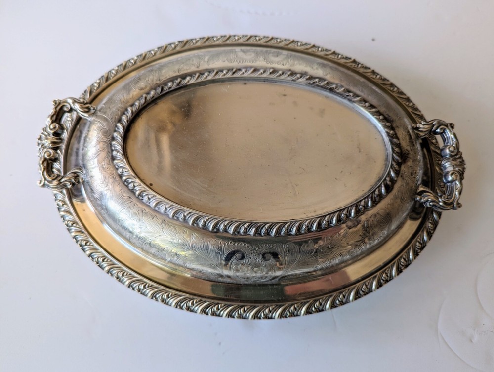 Barker Ellis England Antique Silverplate Lidded Dish Engraved Flowers Rococo