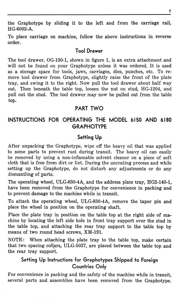 Instructions For Operating Class 6100 Graphotype Owners MANUAL