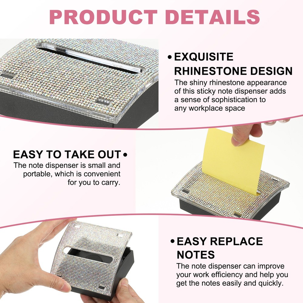 Rhinestone Sticky Note Dispenser, 2Pcs 3x3"Posted Note Holder, White