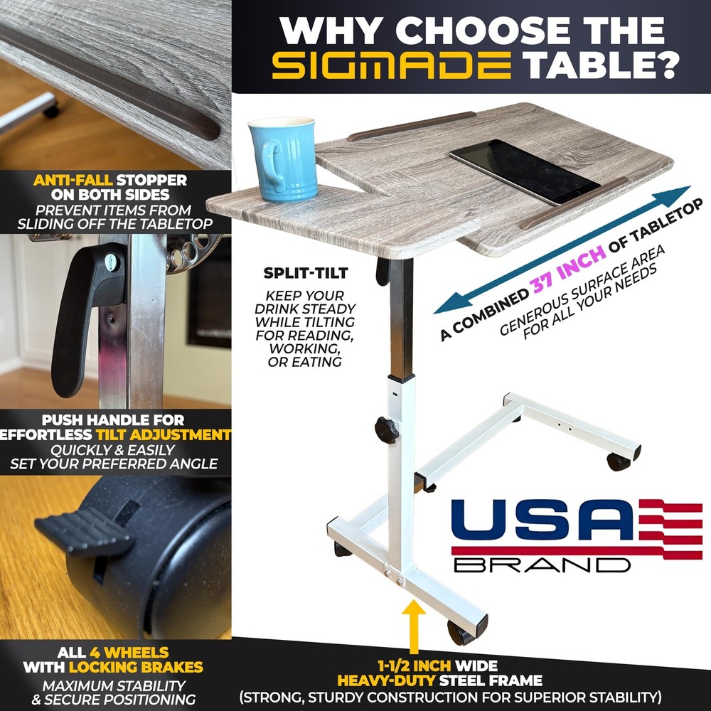 Recliner Table, Over the Bed Table with Wheels, Adjustable Width & Height, wi...