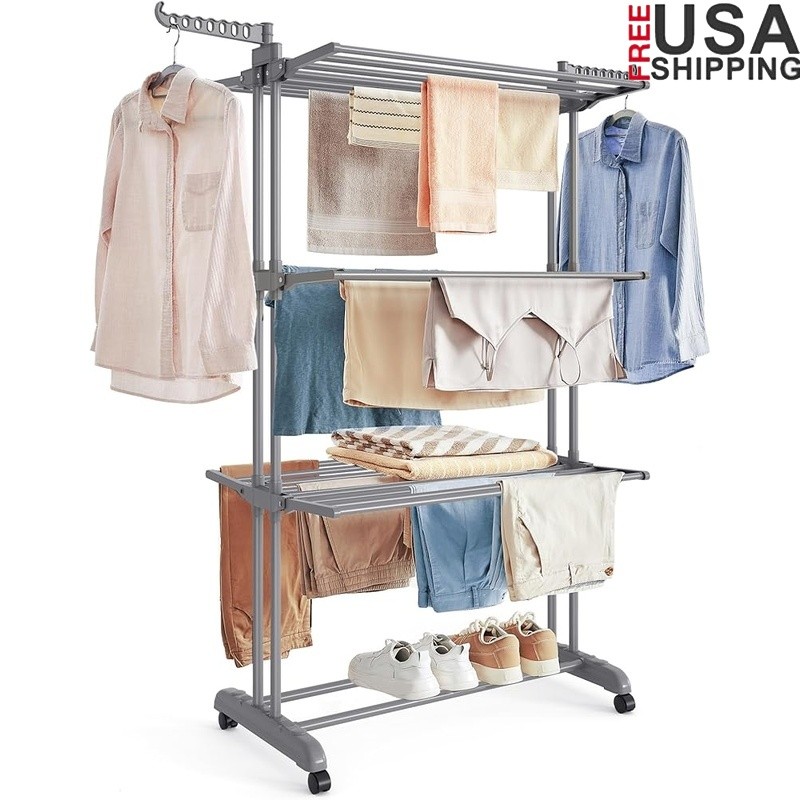 Large Capacity Folding Drying Rack Sturdy Rotating Wings Easy Move Laundry Stand