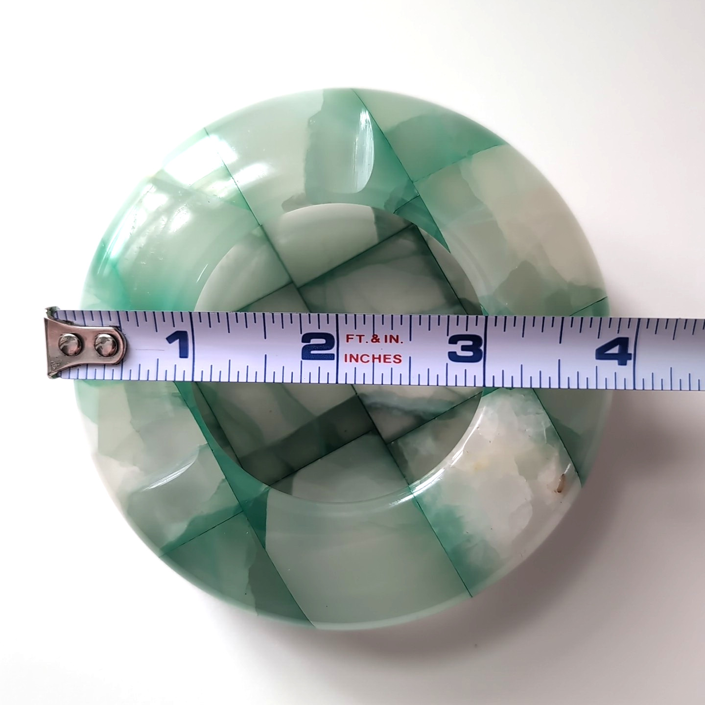 Vintage Carved Green Onyx Stone Ashtray MCM Heavy Trinket Made Italy Checkered