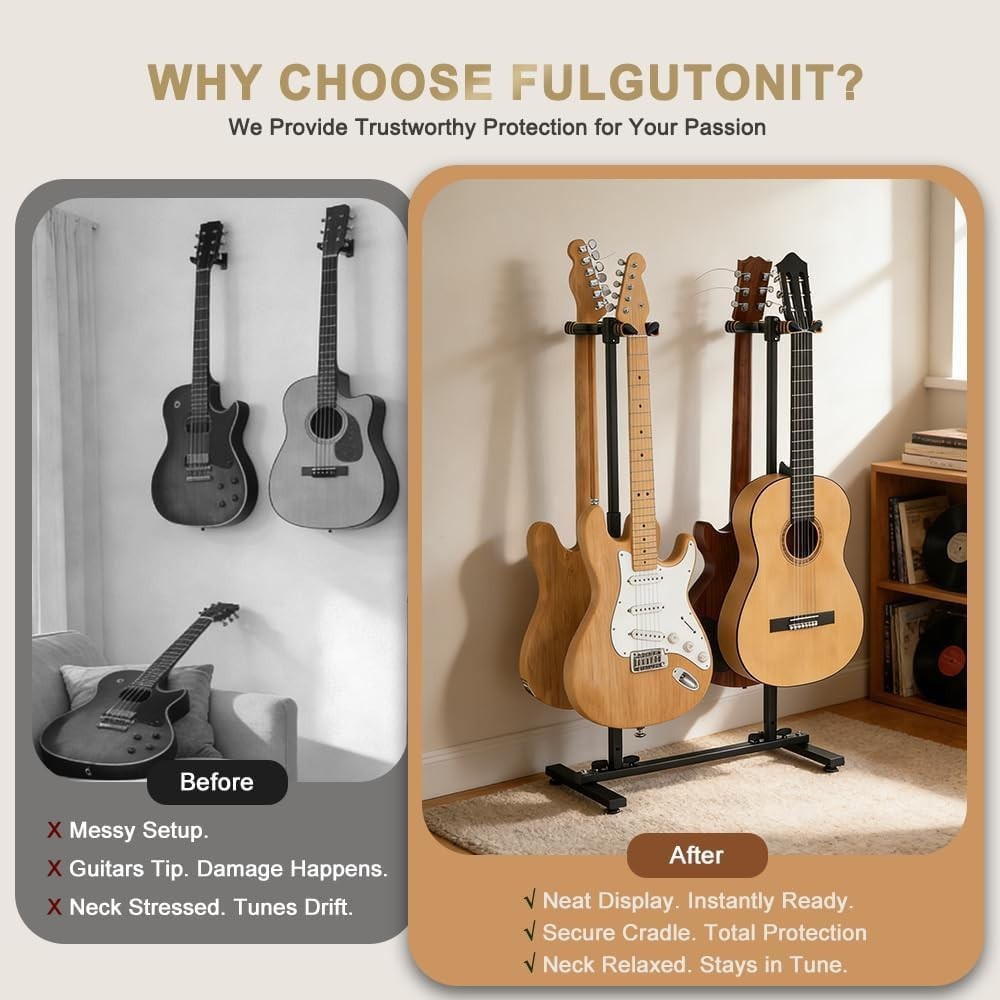 Multi Guitar Holder Stand for 4 Guitars Adjustable Height 90° Gravity-Lock Hook
