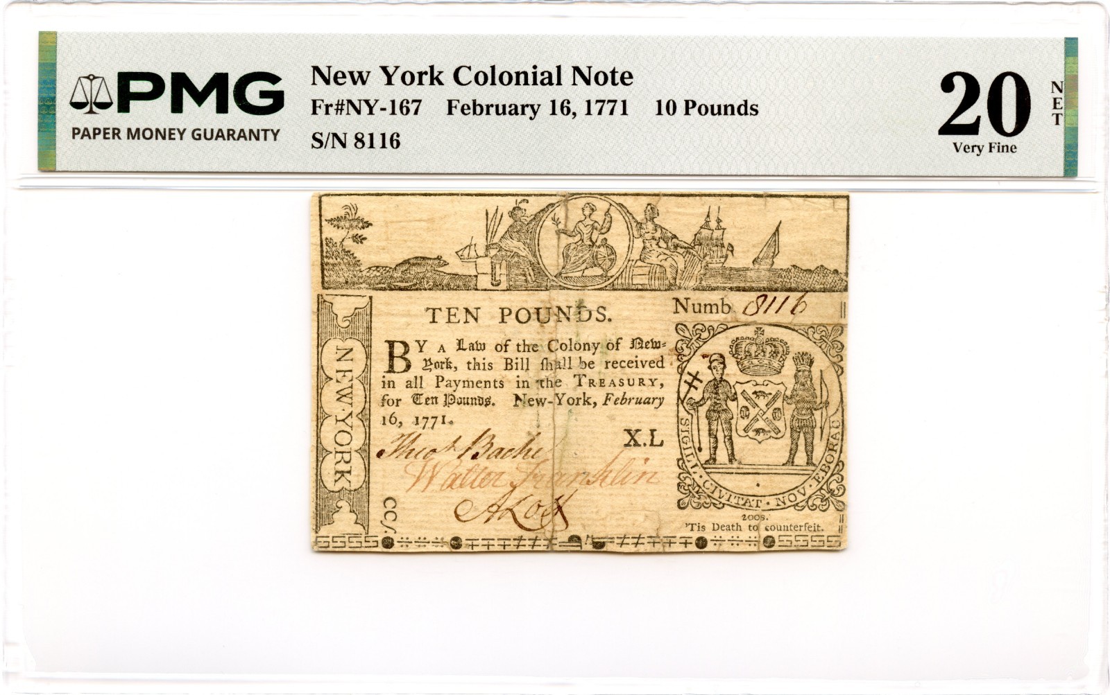 New York Colonial Note Fr#NY-167 February 16, 1771 10 Pounds PMG VF-20