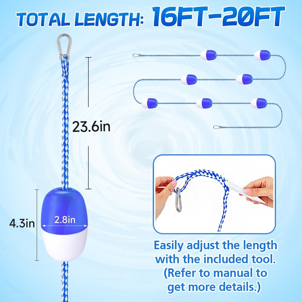 16ft -20ft Adjustable Pool Safety Rope with Floats, Floating Pool Divider- St...