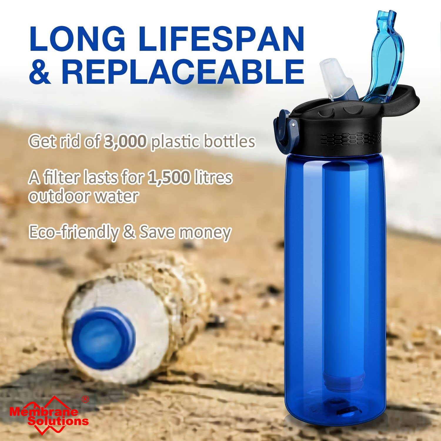 Water Filter Bottle Integrated Straw Purifier Outdoor Camping Hiking 650ml/22oz