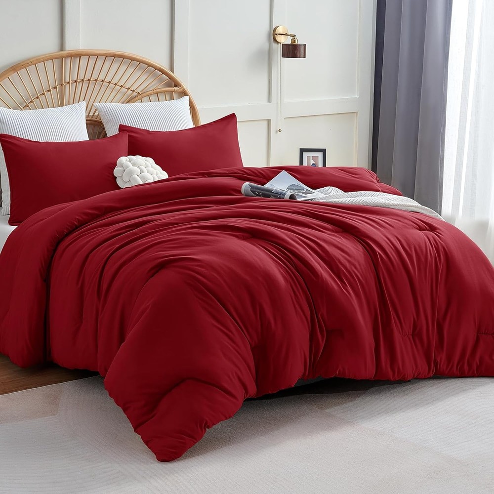 King Size Solid Comforter Set Dark Red 1 Comforter & 2 Pillowcases Quilted Soft