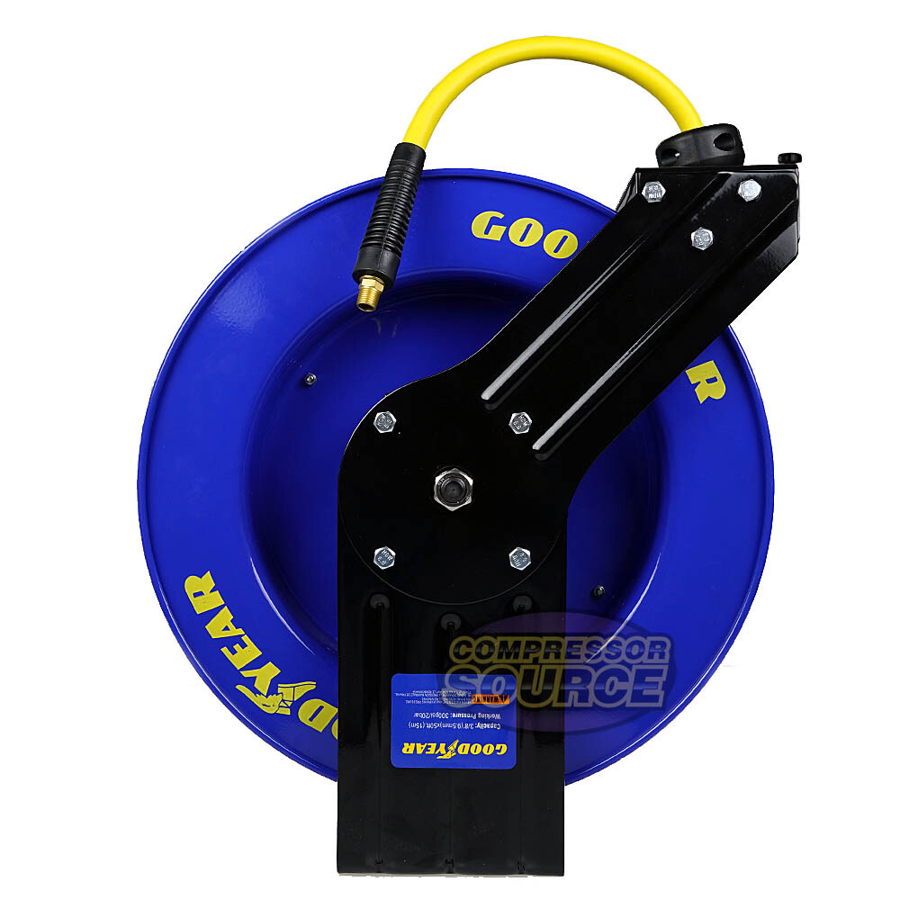 ﻿Goodyear 3/8" x 50' Retractable Steel Reel Rubber Air Hose 1/4" NPT Heavy Duty