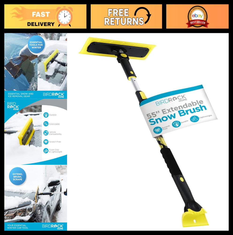 55" Extendable Snow Brush & Ice Scraper for Car Windshield - Long Grip, Foam Hea