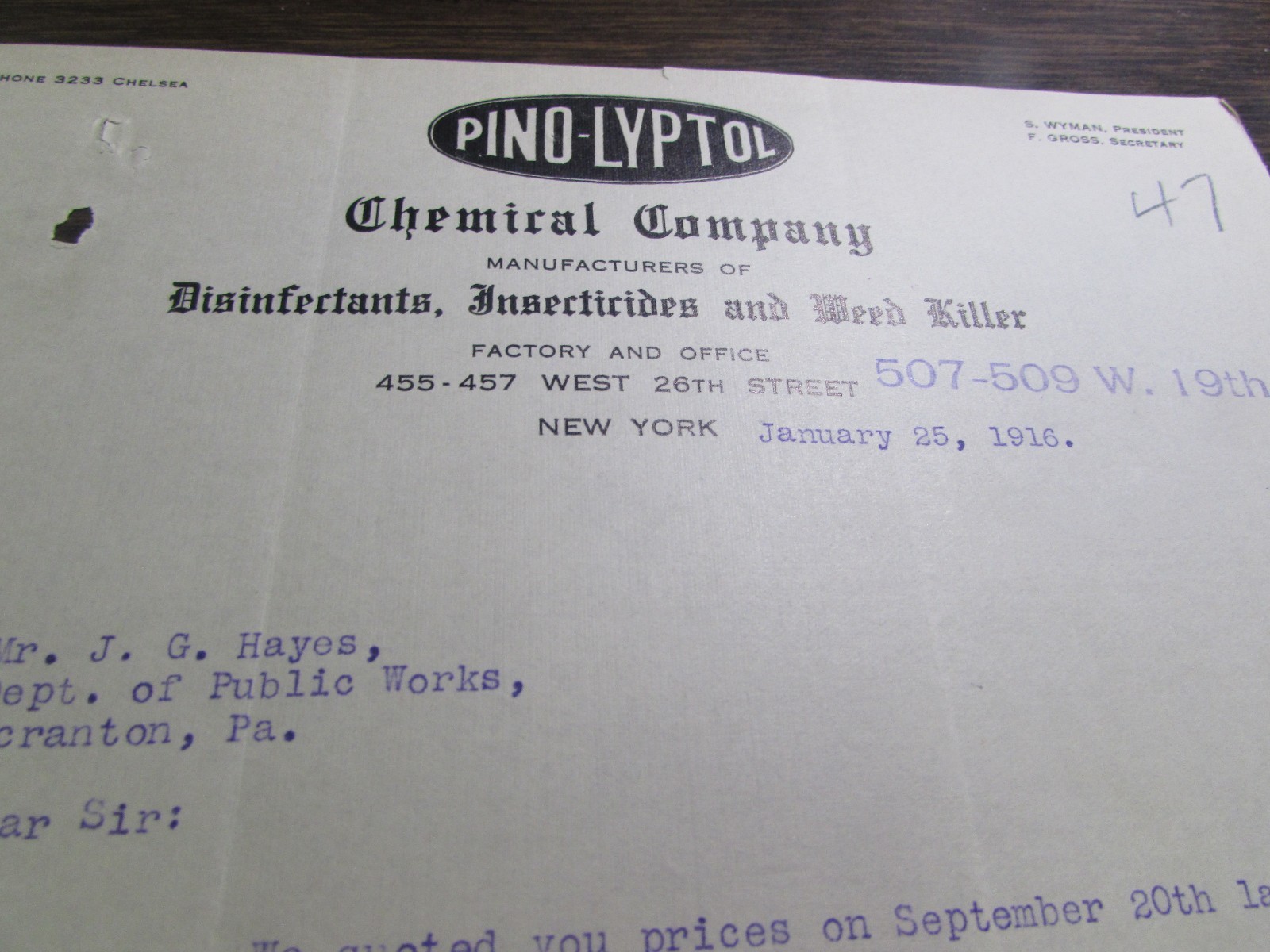 PINO-LYPTOL CHEMICAL COMPANY - NEW YORK NY - 1916 LETTERHEAD