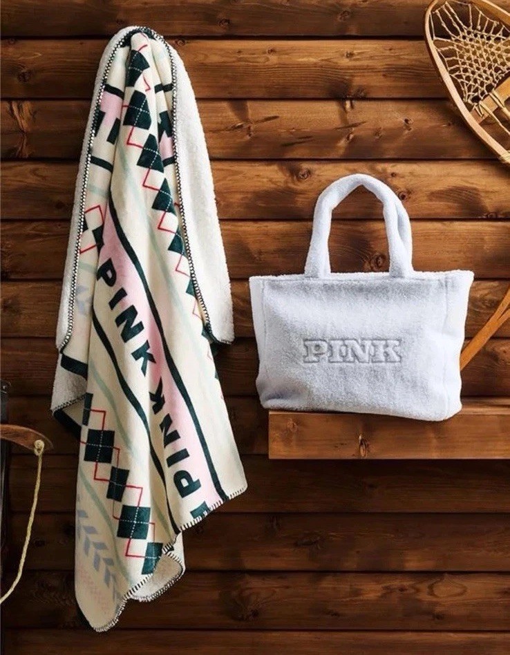NEW Victoria's Secret PINK Faux-Fur Tote & Cozy-Fleece Sherpa Stripe Blanket