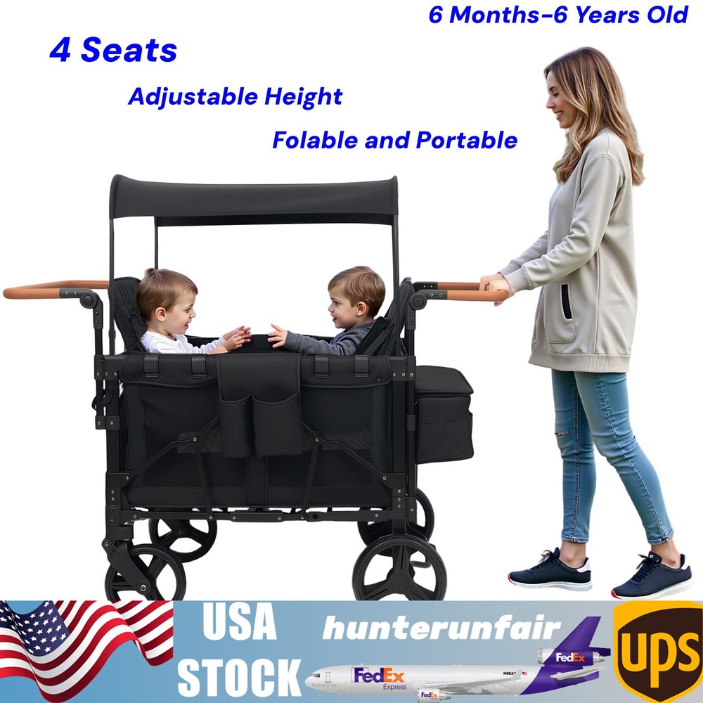 Stroller Wagon 4 Seats Quad Collapsible Stroller with Adjustable Handle & Canopy