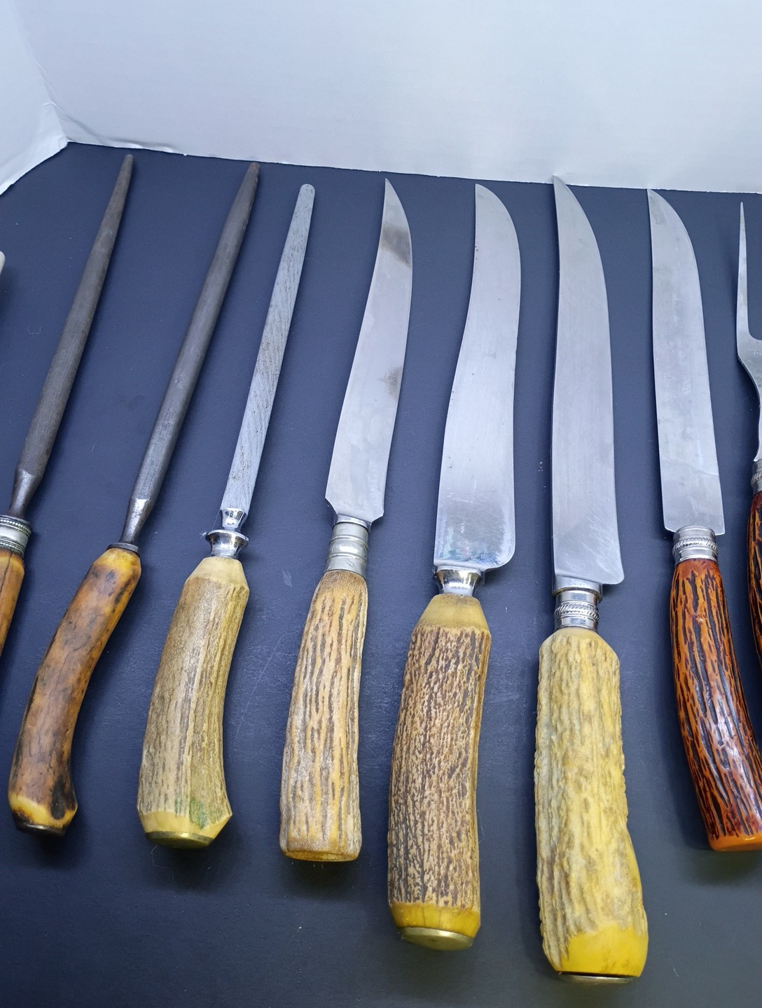 VINTAGE STAG HANDLE MIXED KITCHEN CARVING UTENSILS LOT