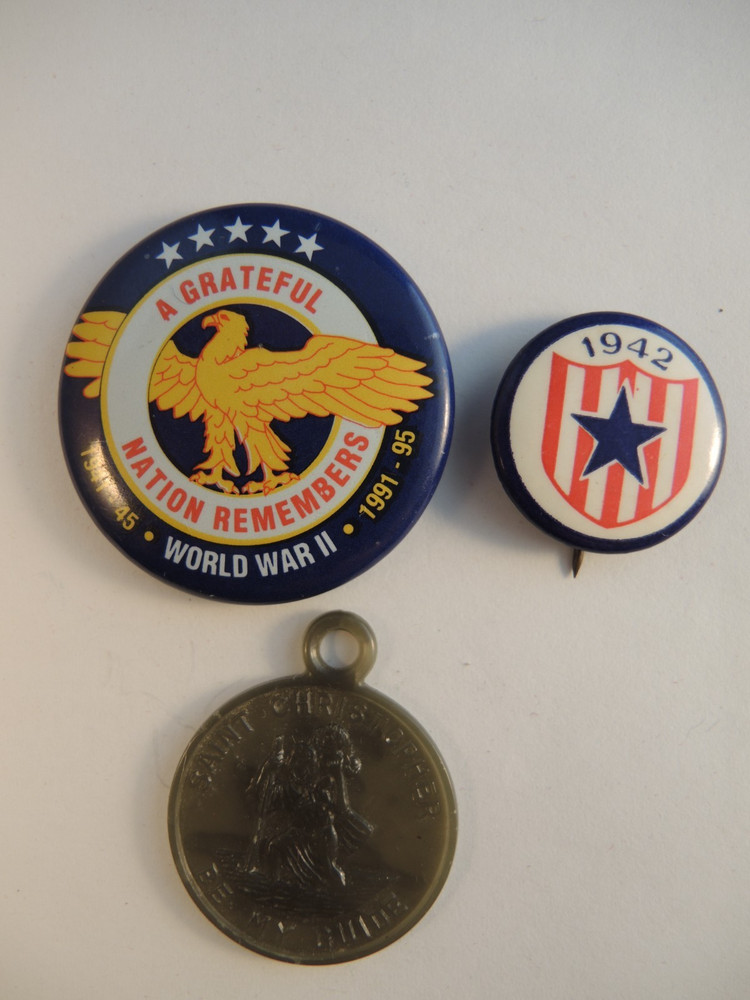 2 WW II liberty loan pins & St. Christopher plastic medal