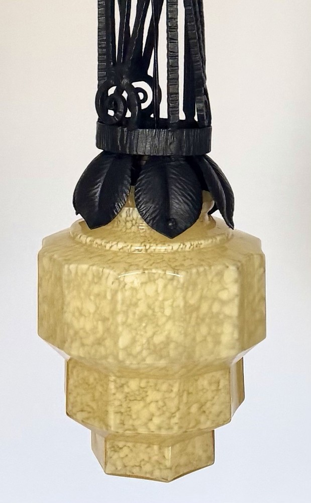 French Art Deco Skyscraper Marbled Stepped Glass & Iron Pendant Ceiling Light