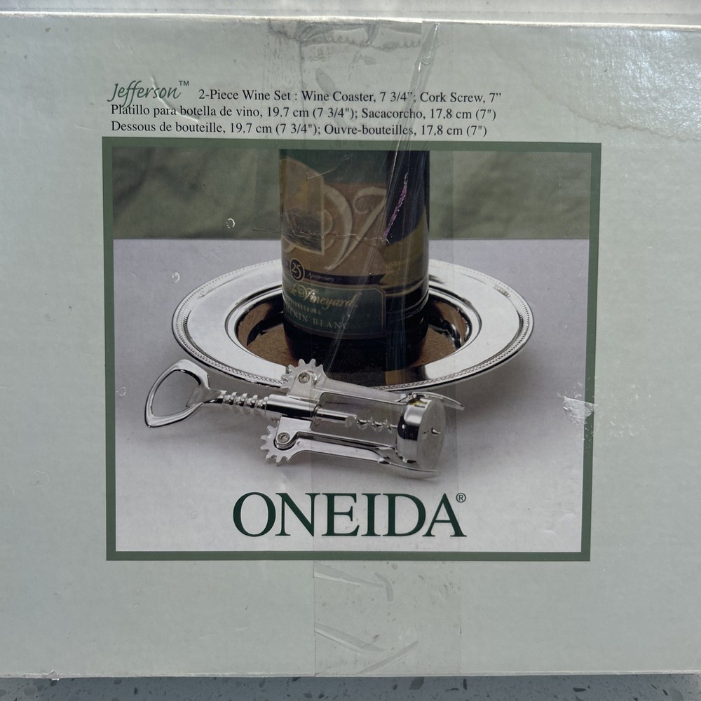 Oneida Wine Corkscrew Silver Plated, Coaster, & Tray Jefferson Set