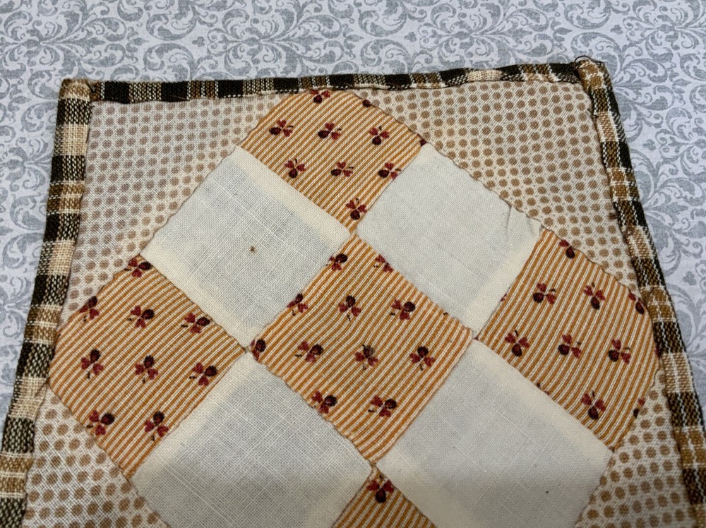 Antique Patchwork Quilt Table Topper, Mini, Nine Patch, Early Calico Prints