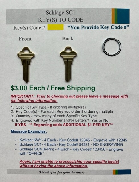 Kwikset Schlage American Yale - Keys Cut to Code - Computerized Cut - 4 Total