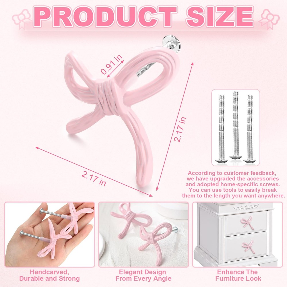 Pink Bow Drawer Knobs Matel Bow Knobs for Dresser Coquette Room Decor Vintage...