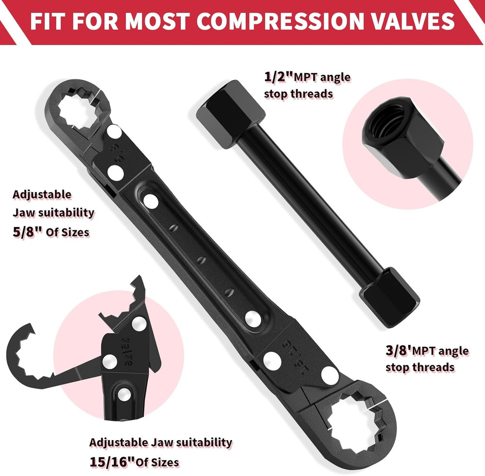 Plumbing Tools Angle Stop Wrench Kit - 3-Piece Plumber Tool Set with Compression