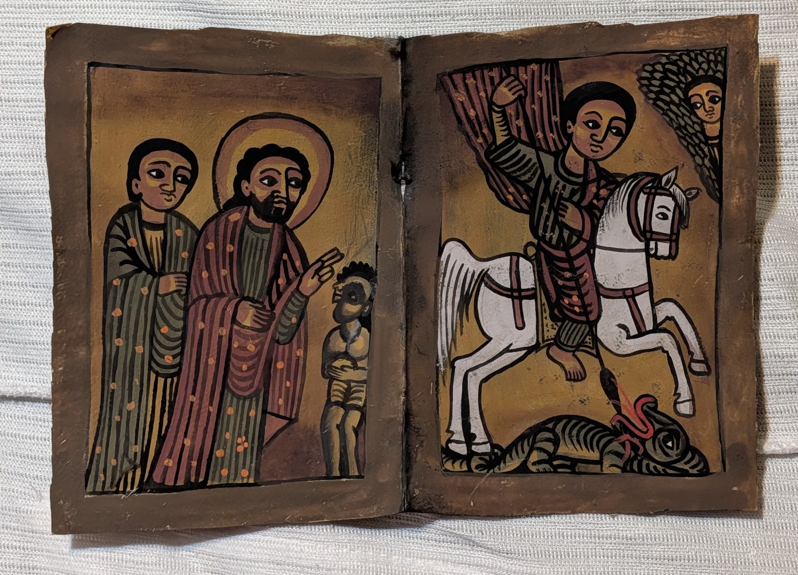 Two Antique Ethiopian Bible Painted Leaves Manuscript Virgin Mary Infant Jesus