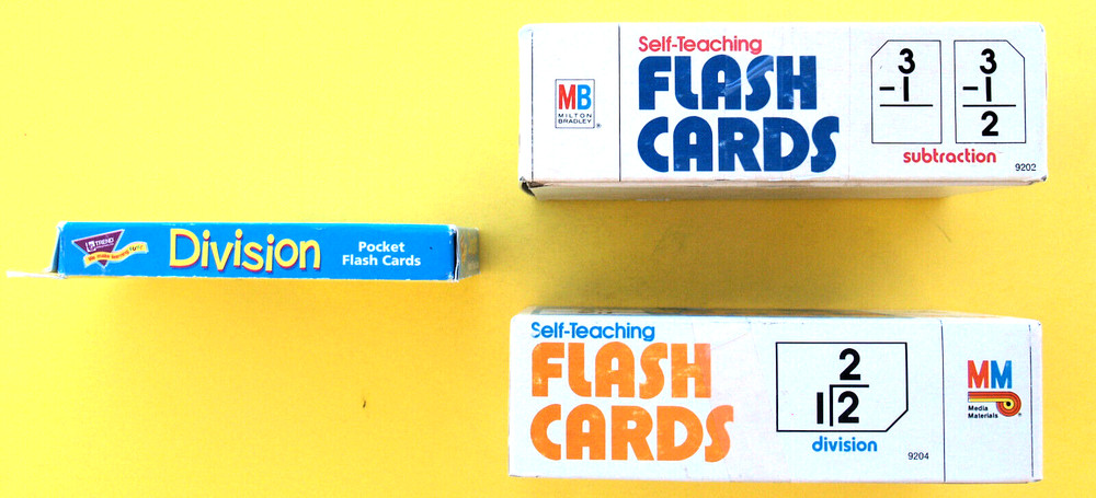 3 MATH FLASH CARDS—SUBTRACT + DIVISION—BASIC FACTS—COLORFUL—STORAGE BOXES