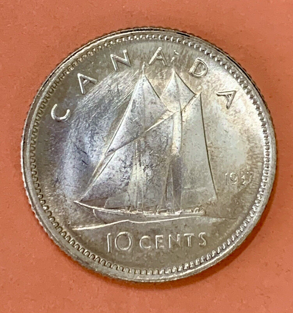 1937 Canada 10 Cents Silver Dime, George VI, MS++++