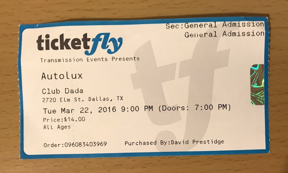 2016 AUTOLUX CLUB DADA DALLAS TEXAS CONCERT TICKET STUB FUTURE PERFECT TRANSIT