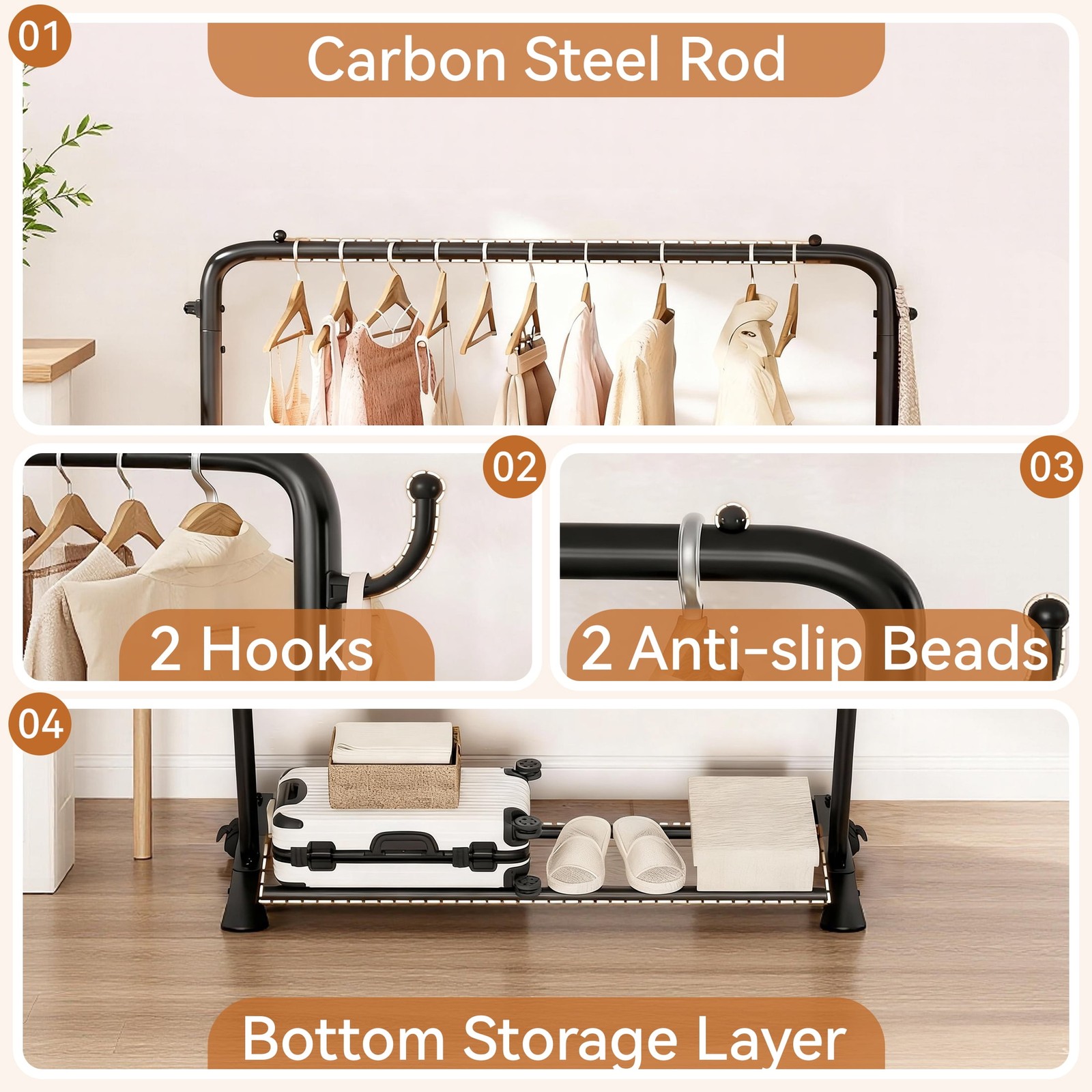 Wheeled clothes rack with storage shelf, black