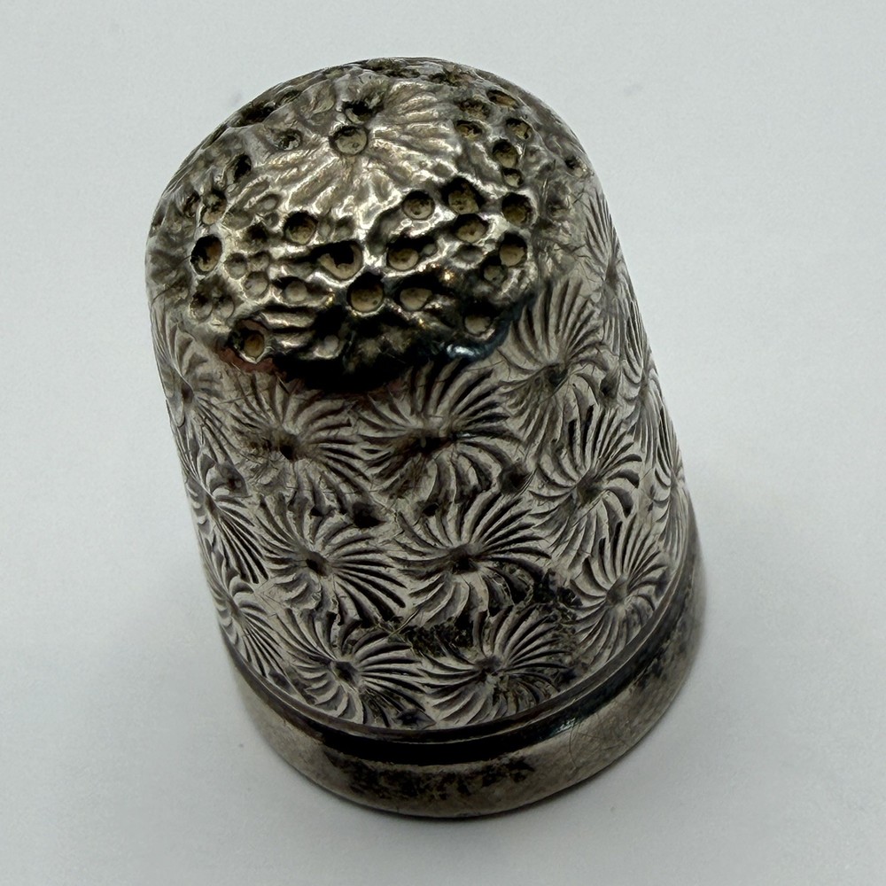 Antique Silver Sewing Thimble Floral Pattern Pierced Top Patented