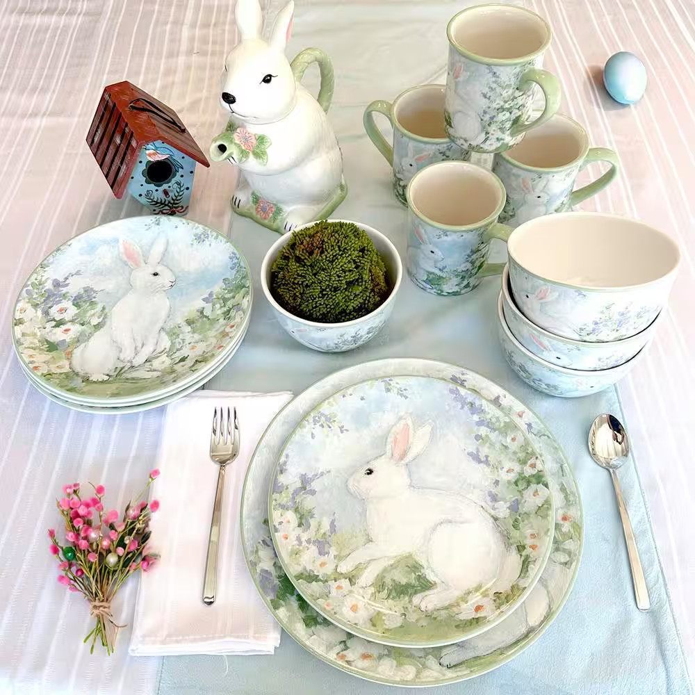 Easter Morning 16-Piece Assorted Colors Earthenware Dinnerware Set (Service for