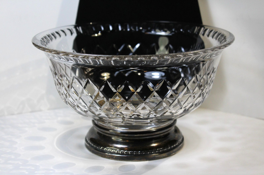 Lg Vintage Cut Crystal Bowl Footed Base Solid Sterling Silver Base Serving Fruit