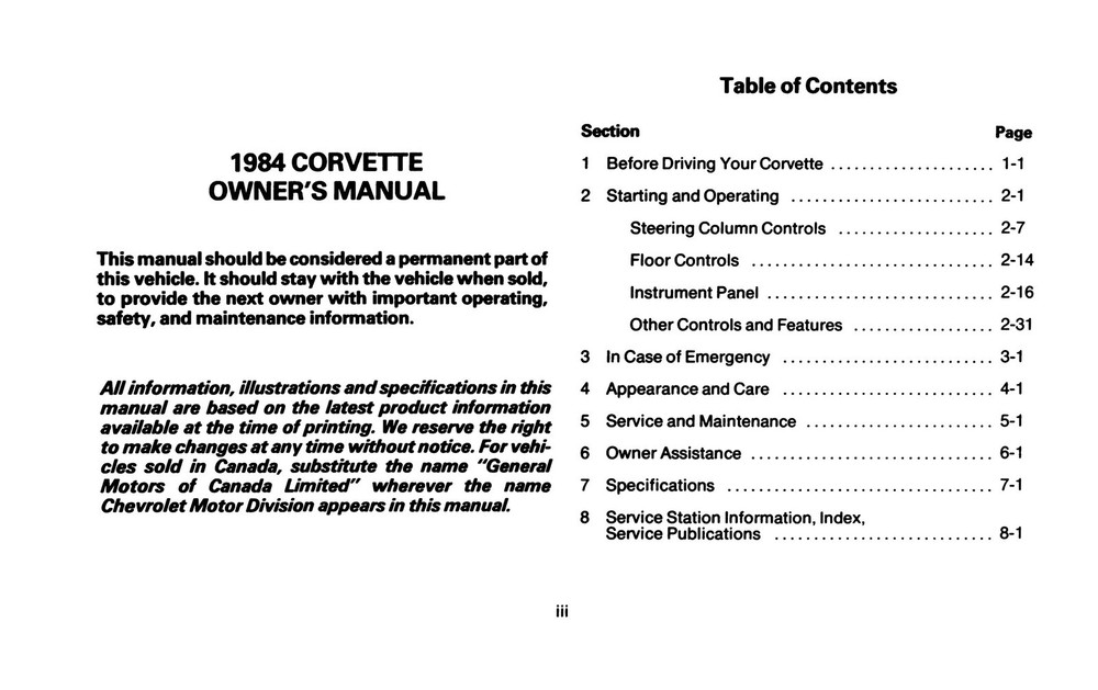 1984 Chevrolet Corvette Owner's Manual