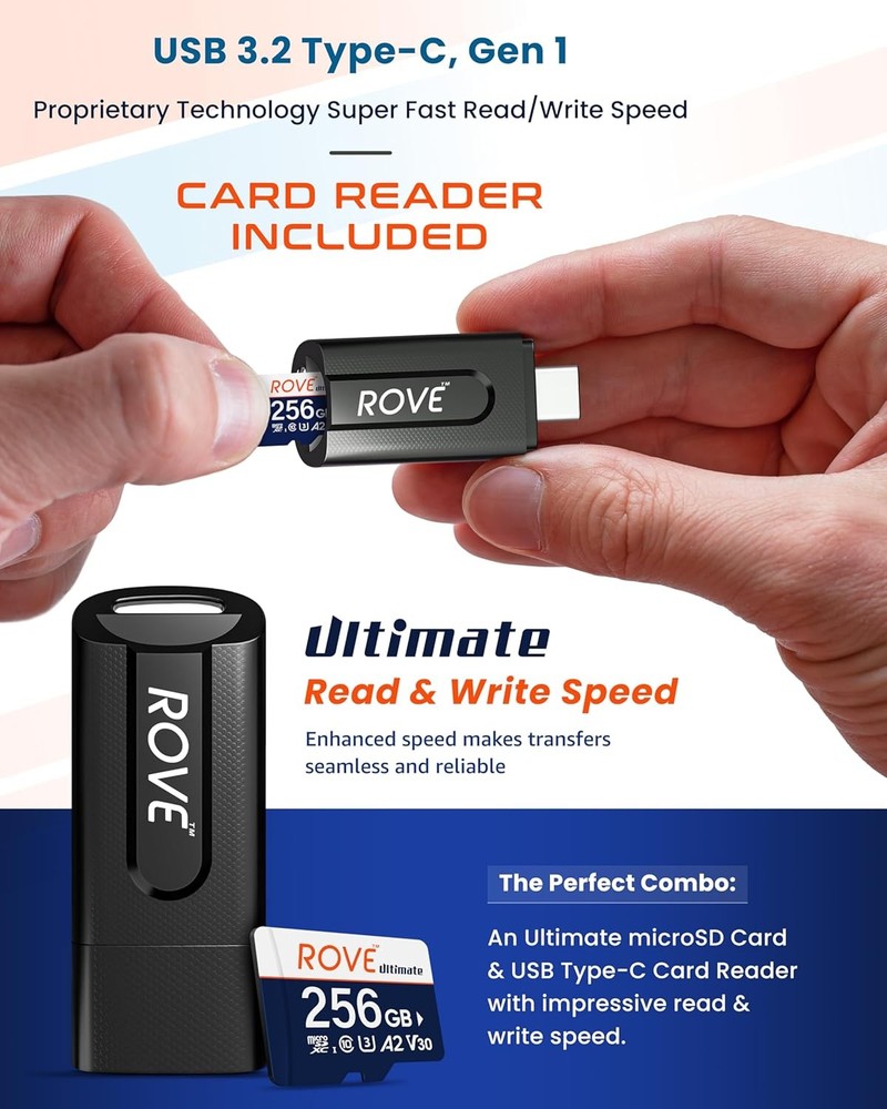 ROVE Ultimate Micro SD Card microSDXC 256GB Memory Card with USB 3.2 Type C