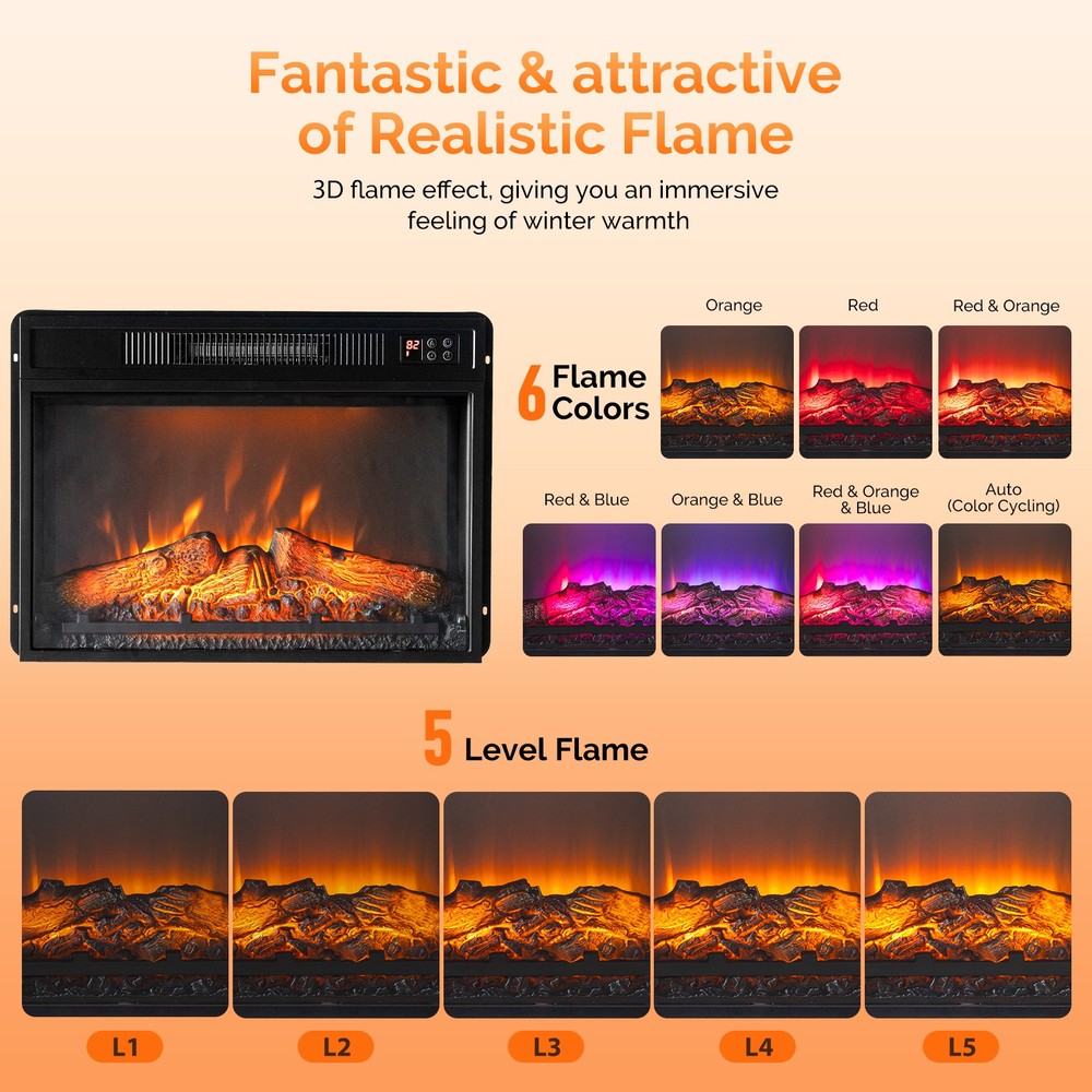 23" Embedded Electric Fireplace Insert Heater with 6 Colors Flame Effect, Remote