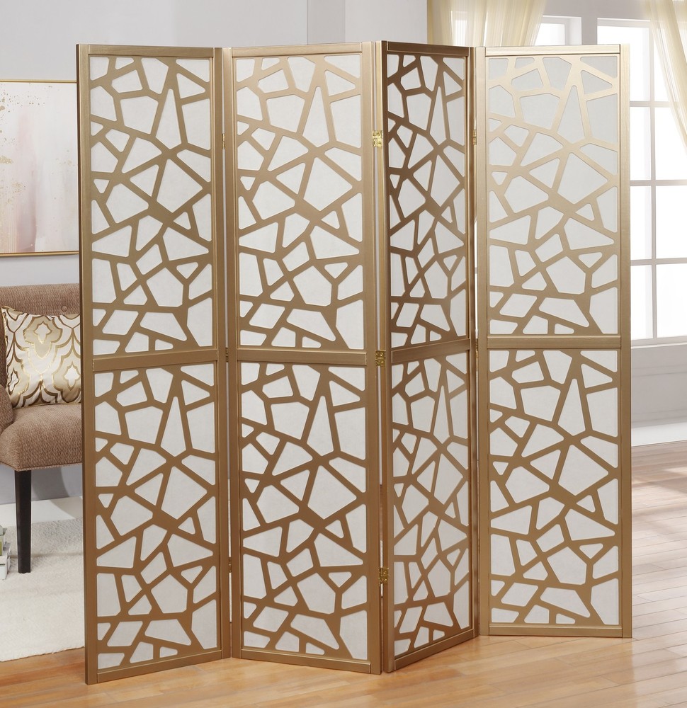 4-Panel Gold Room Divider Screen, Modern Geometric Folding Privacy Screen