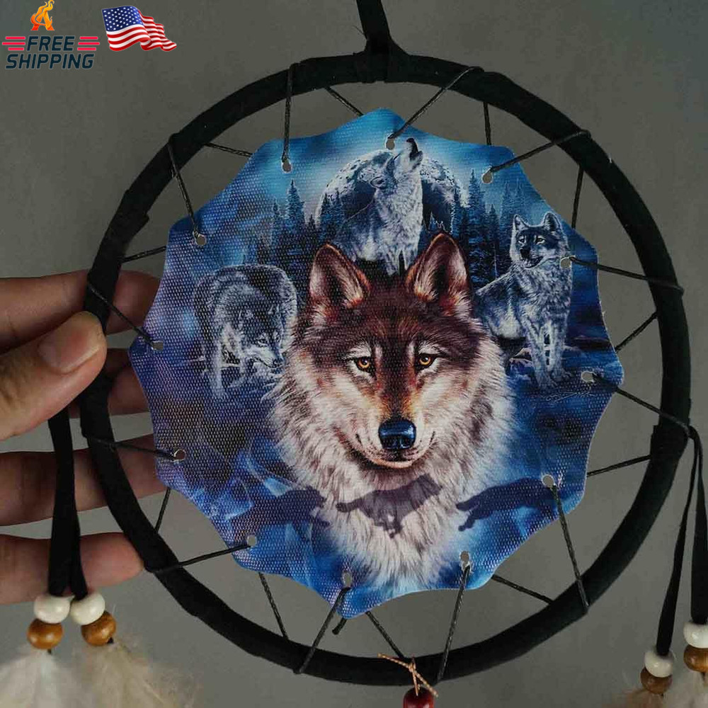 Remorelt Wolf Dream Catchers，3-Layer Circle Wall Hanging with Different Wolf Art