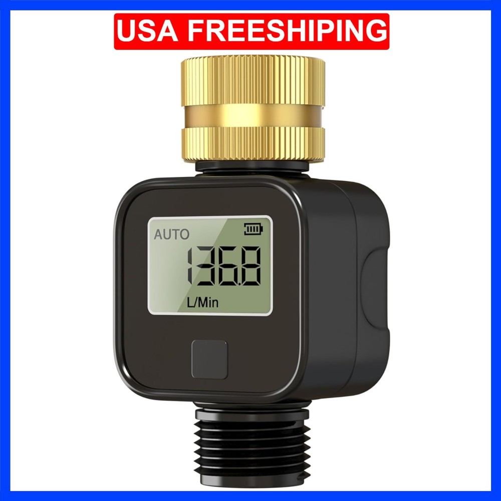 Water Flow Meter with Brass Metal Thread, Measures Gallons/Liters & Flow Rate...