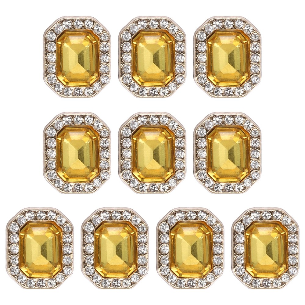10 Pcs 12x10mm Metal Rhinestone Buttons, Rectangle Shape, Yellow