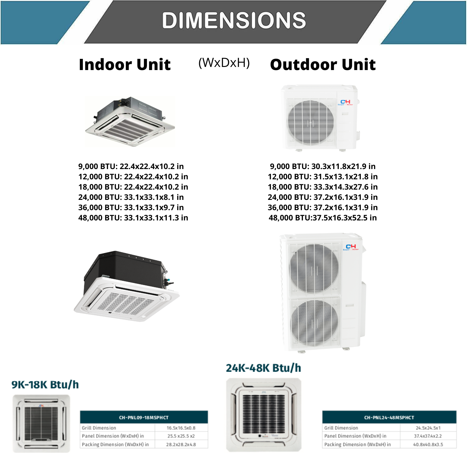 24000 - 48000 BTU 230V Ceiling Cassette Mini Split Heat Pump Air Conditioner