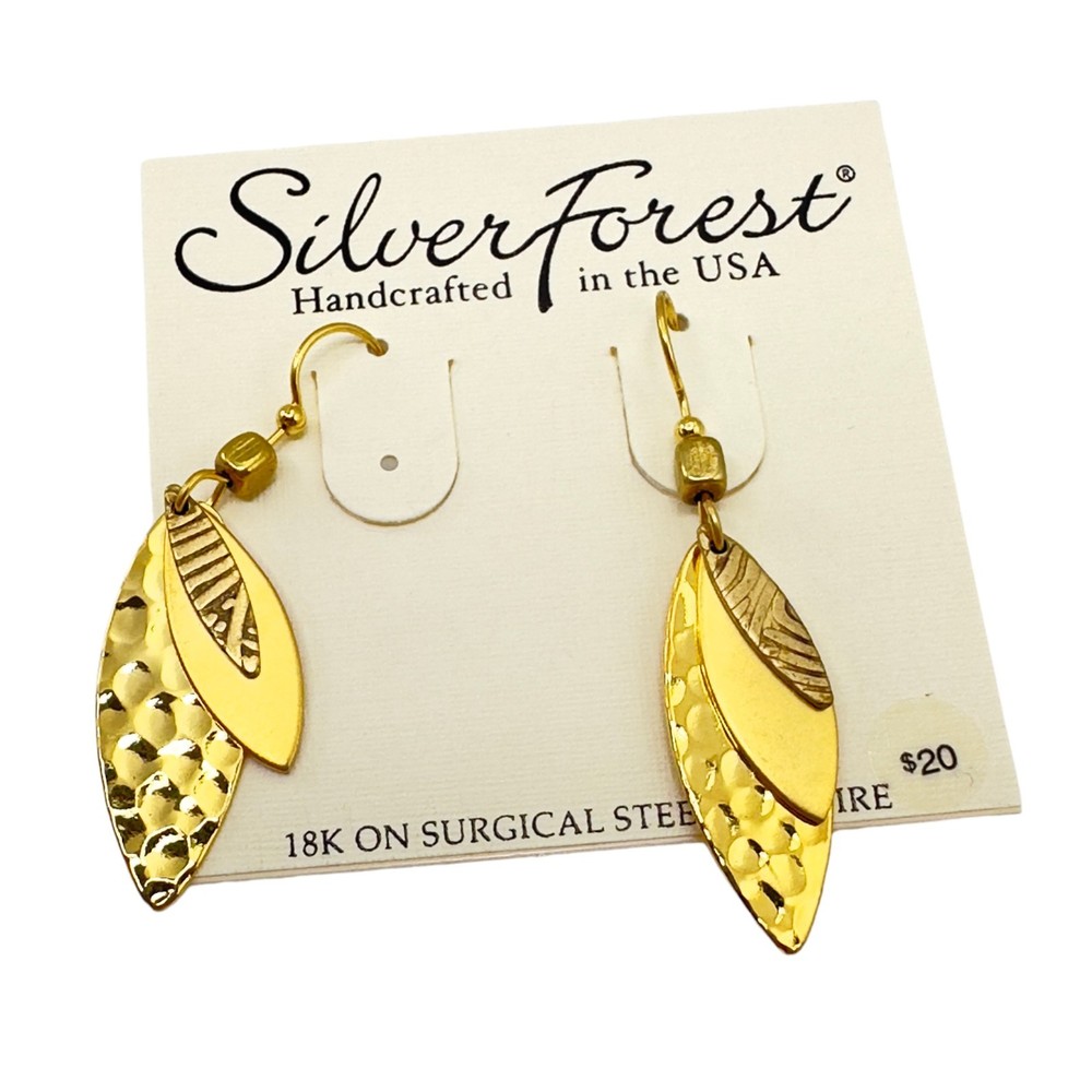 Silver Forest Handcrafted Hammered Texture Layered Leaf Drop Earrings in Gold