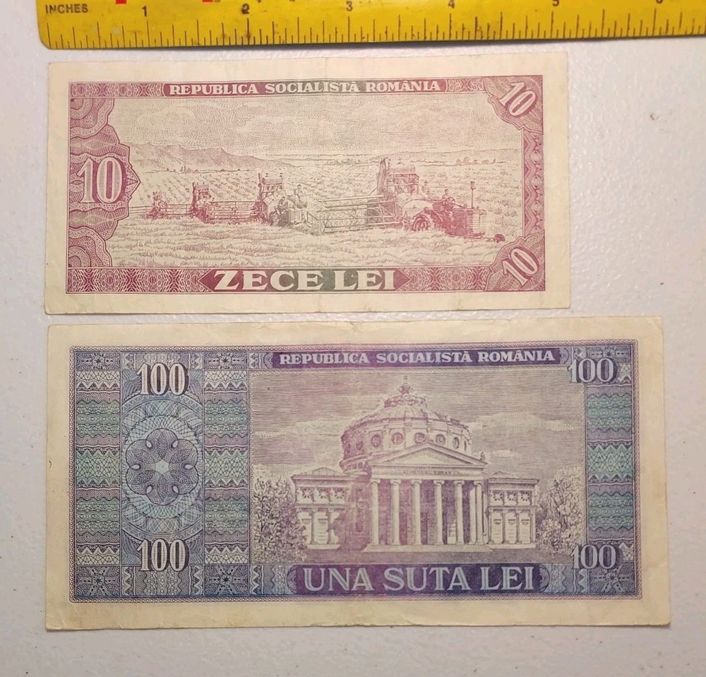 Vintage Romania 10 & 100 Lei Notes 1966 *Circulated*