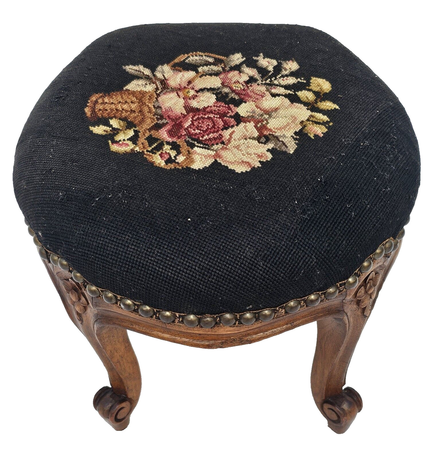 Antique 1930s French Louis XV Footstool – Carved Wood Cabriole Legs Needlepoint